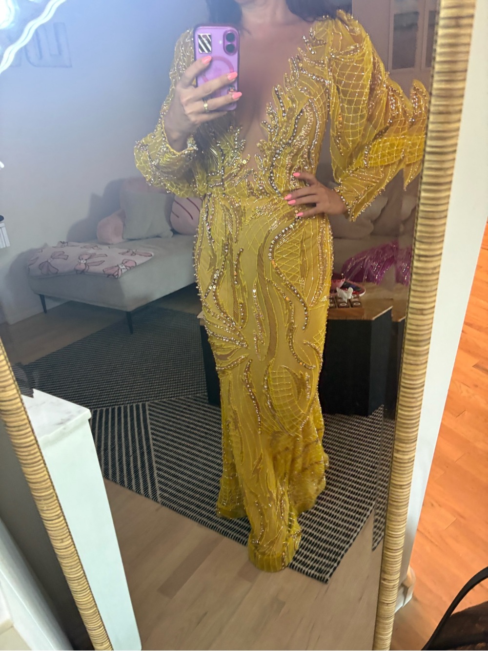 Beaded Mustard Yellow Maxi Evening Dress - Women Dresses - Picture 9 of 11